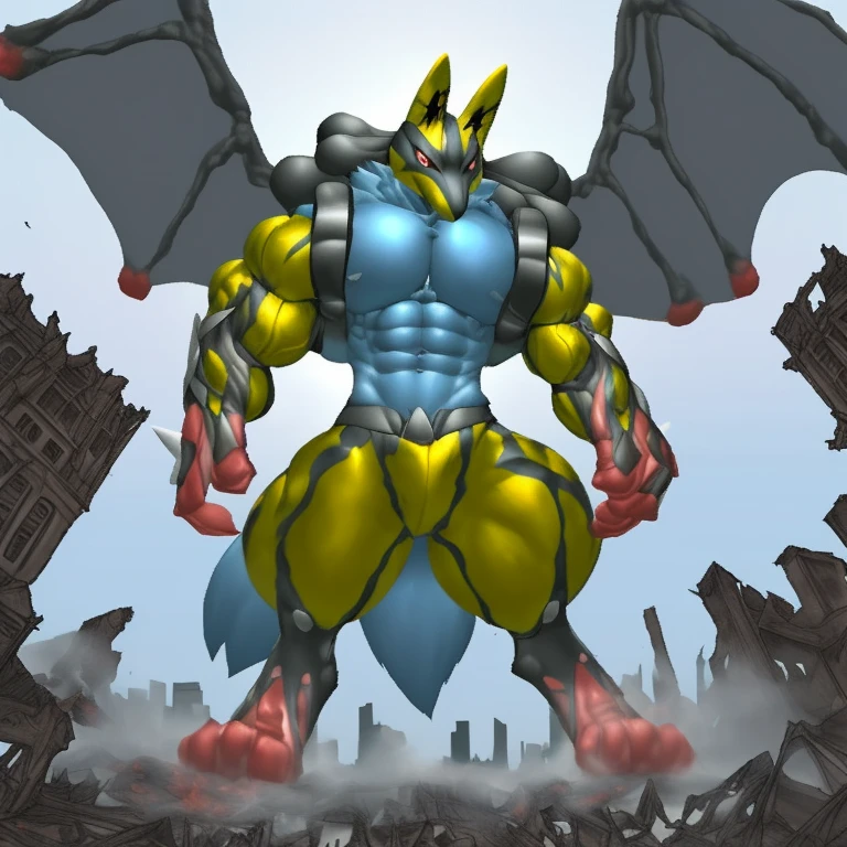 (Solo. masterpiece. official art. 8k. best quality. detailed full body. full body.)
(situation 1 : dominating Shiny_Mega_Lucario. Shiny_Mega_Lucario is over 1000 meters long. focus GIANT mechanical Muscular Shiny_Mega_Lucario is trampling the city. Looking down. macro. stomp. Low-angle perspective. emphasizing the immense size. He is much bigger than a skyscraper. Giga Giants. looking down. foot focus, (soles:1.2))
(situation 2 :smoke and flames rising from the destruction in the city)
(Additional details 1: wearing a full-face helmet. golden armor. high-tech bio-mecha armor. real texture material. whole body shines like metal. emphasizes the muscles. suit fully made of metal. intricate armor. Robotic suit. suit fully made of metal.).
(Additional details 2: (Detailed head. Detailed Body. Detailed abs. gigantic muscles. HYPER MUSCLES. Gigachad Muscular. big muscle. pecs. triceps. traps. unusually developed muscular body. body full of huge muscles. showing off muscles. pectorales enormes. Exaggeratedly huge muscles. huge muscles. long legs. abs.).
(Additional details 3: Spread wings. It has wings. have big wings. The claws are sharp. Sharp teeth.).