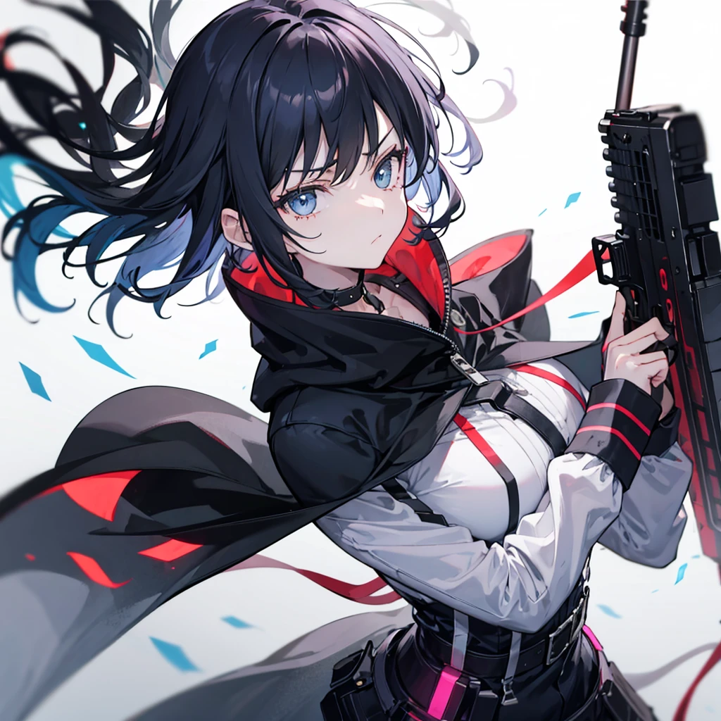 close-up of a girl with a machine gun in her hands wearing a mask , tactical clothes , long cloak , short hair , serious face . Without background