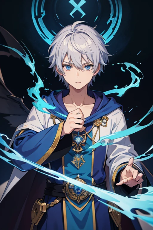 masterpiece, Highest quality, High resolution，Anime Style、Anatomically correct、Silver Hair、Short Hair、male、Wizard、Robe、magic、Blue flames flying around, blue flames、Upper body only