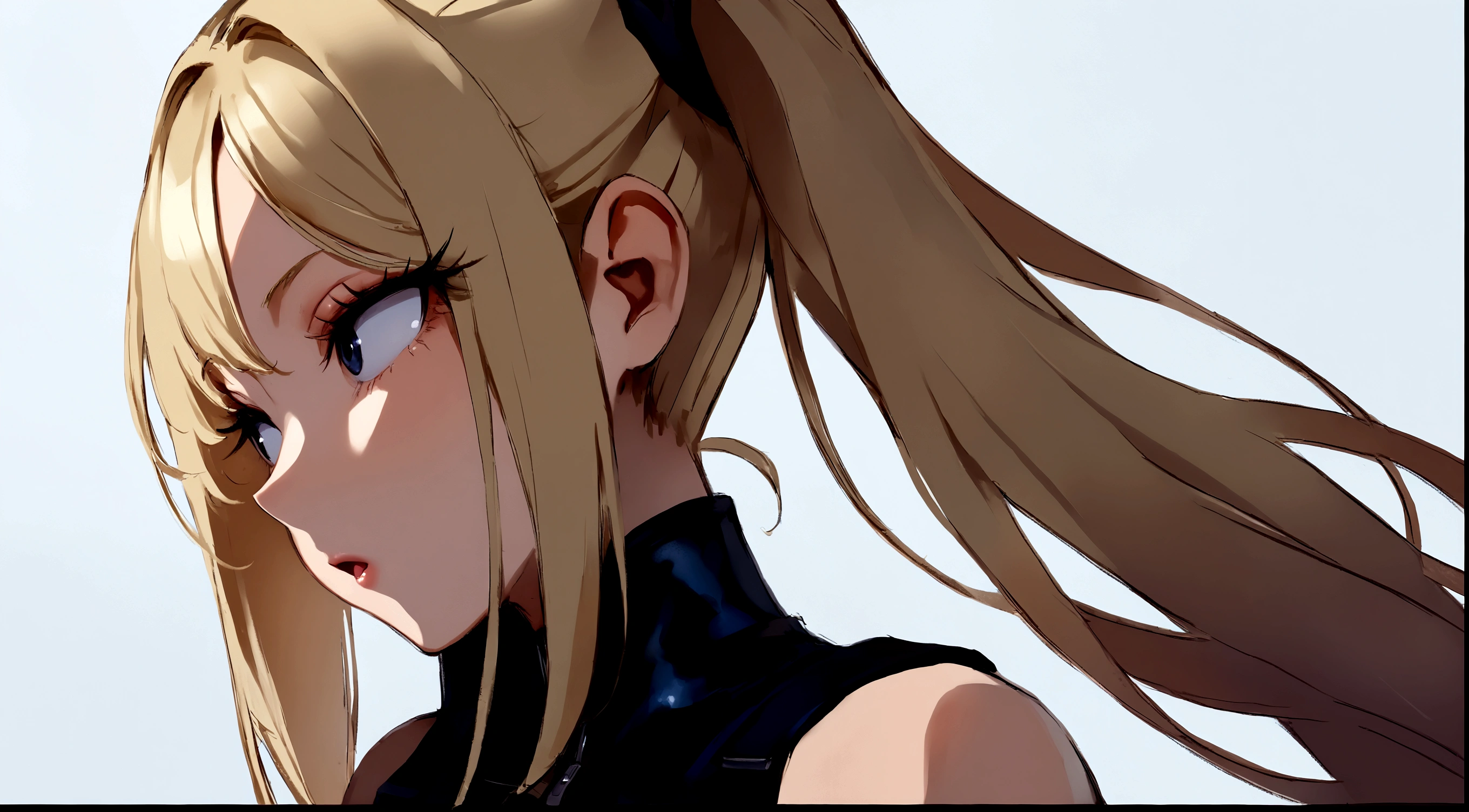 Blonde、back view,profile、1 person、No sleeve、ahegao、ponytail、blondes、amount、Blue Leather Shirt、sara、No sleeve、best quality, super fine illustration,(((beautiful fine hair))),(((beautiful fine face))),(((beautiful fine background))),blue-black leather pants, silver zipper,belt below the waist,super fine illustration,(((beautiful fine hair))),(((beautiful fine face))),(((beautiful fine background))),normal small size,bangs bangs ,(((beautiful fine hair))),(((beautiful fine face))),(((beautiful fine background))),blond hair , showing forehead, silver center zipper, leather blue black bodysuit, sleevelesblue blacks, shiny, blondes ponytail