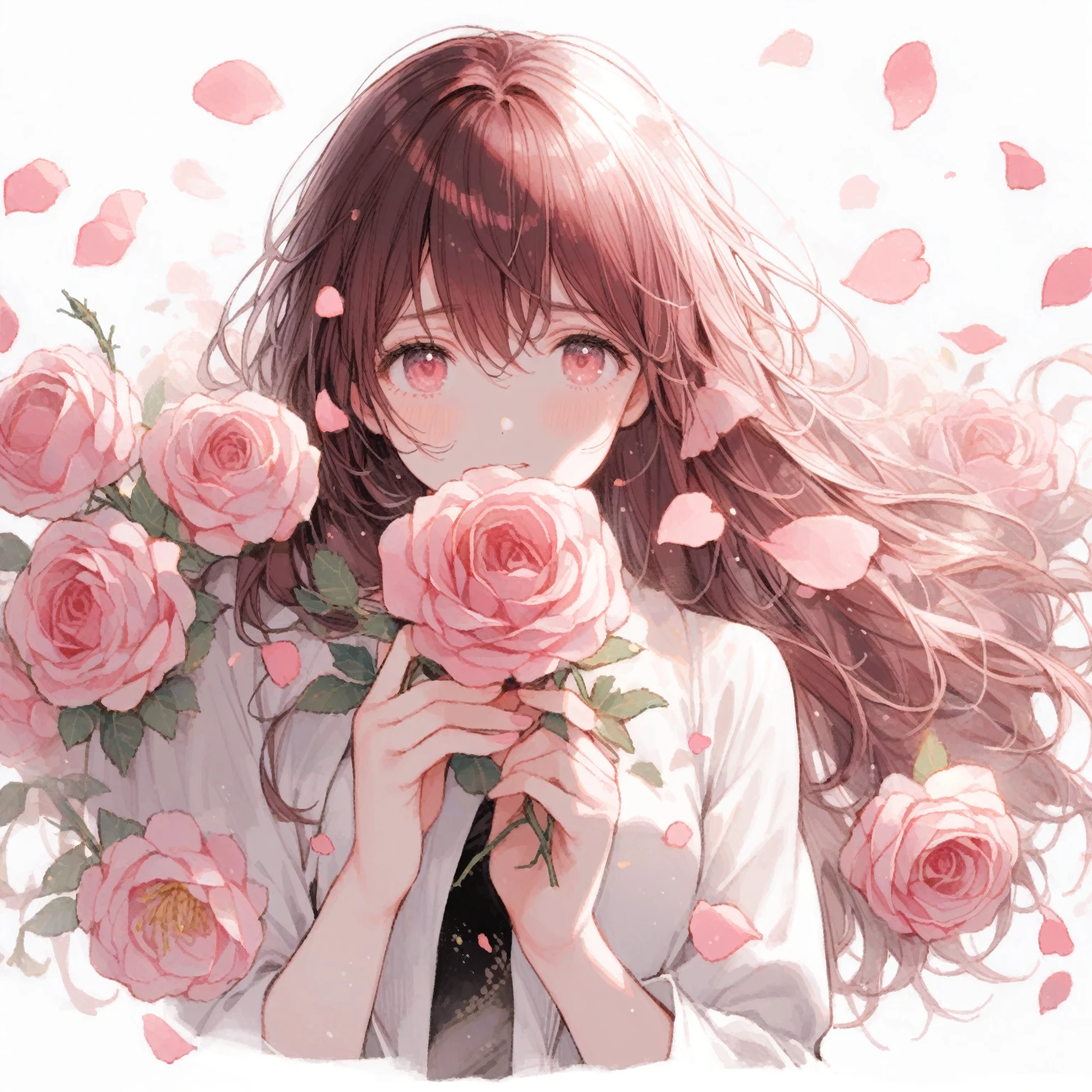 1girl、rugose rose, Rugosa rose、「Sad and beautiful」、Petals falling、tegaki