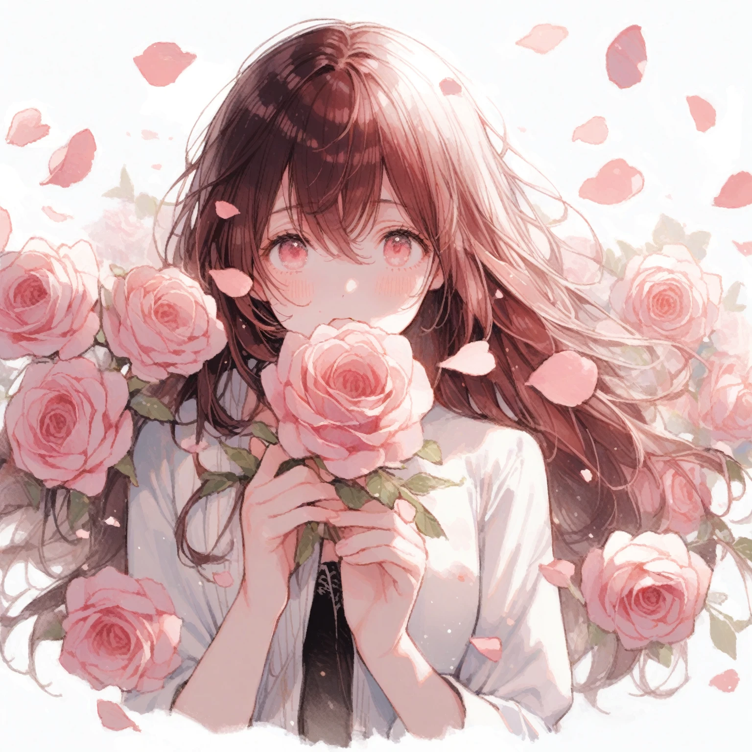 1girl、rugose rose, Rugosa rose、「Sad and beautiful」、Petals falling、tegaki