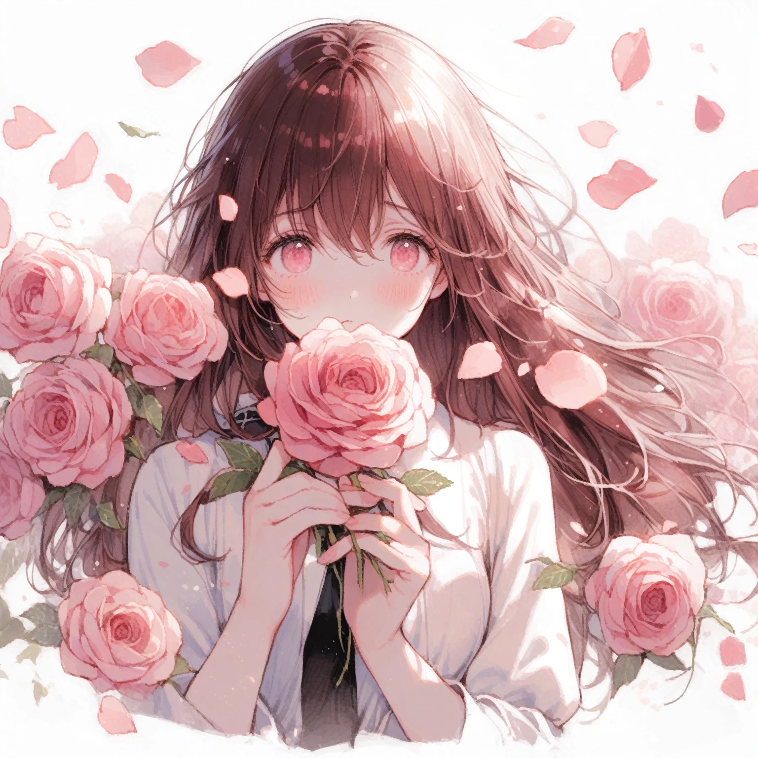 1girl、rugose rose, Rugosa rose、「Sad and beautiful」、Petals falling、tegaki