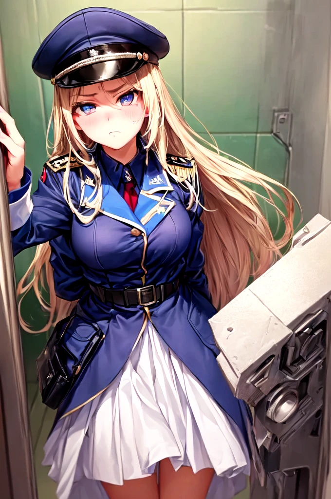 1 girl, sfw, beautiful girl, high quality, 18 years old, dictator, dictator hat, arrogant behave, arrogant, frustrated, outside, public, nazis, angry, (looking down the viewer), low angle, from below, (a girl disgusting the videwer)