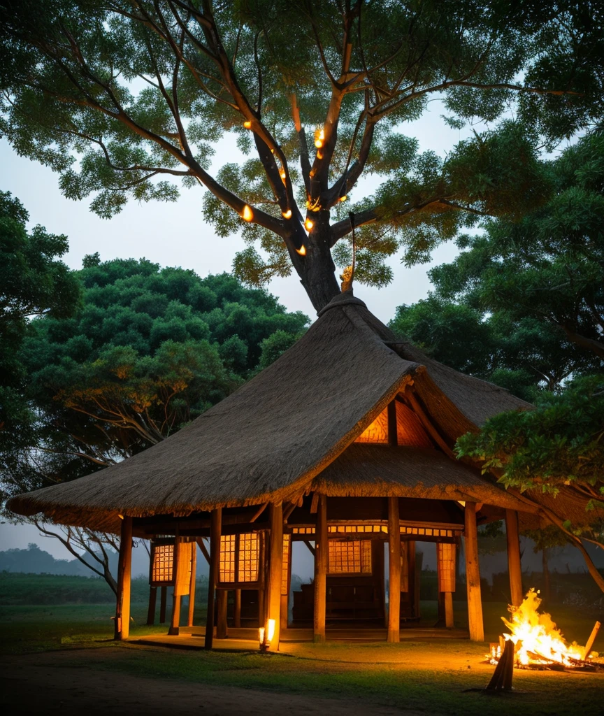 a thatched hut sits on top of a big tree, you can see the lanterns burning at night, very beautiful