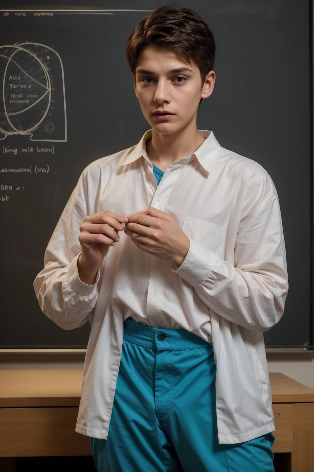 A beautiful young male twink with a face with reddish makeup. He has black hair. He is wearing a white, long-sleeved shirt and aqua blue pants. He is in his scientific office, and behind him is a blackboard on which is written the shape of the brain and its anatomy, accurately and in detail. He looks in amazement and shock He looks on proudly
