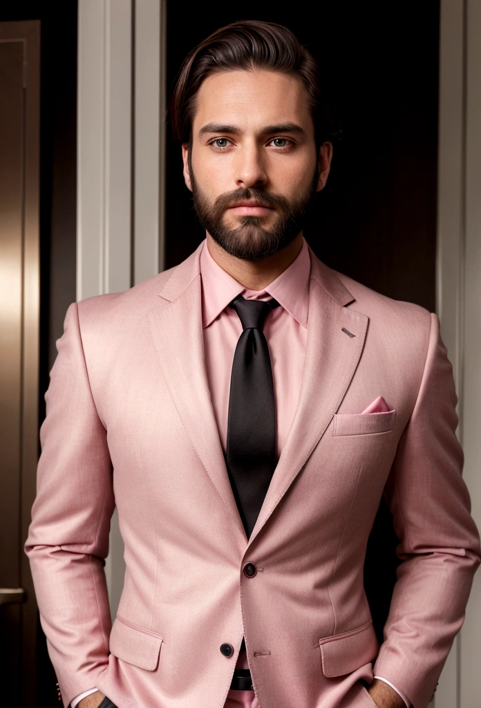 Make a handsome man in his 30s in black suit and tie, CEO, brown hair and beard, (Man in pink suit and tie), ), (Use beard,) Attractive and serious appearance, short dark hair, Elegant and stylish, Close shave to the suit and strong body, (high quality, true-to-life visuals), Dark and light black on the image background, Film style, ((highest qualityr, 8k, Masterpiece), ultra hi definition photo, (Beautiful detailed faces, detail of skin texture, Hyper detailed body:1.1)