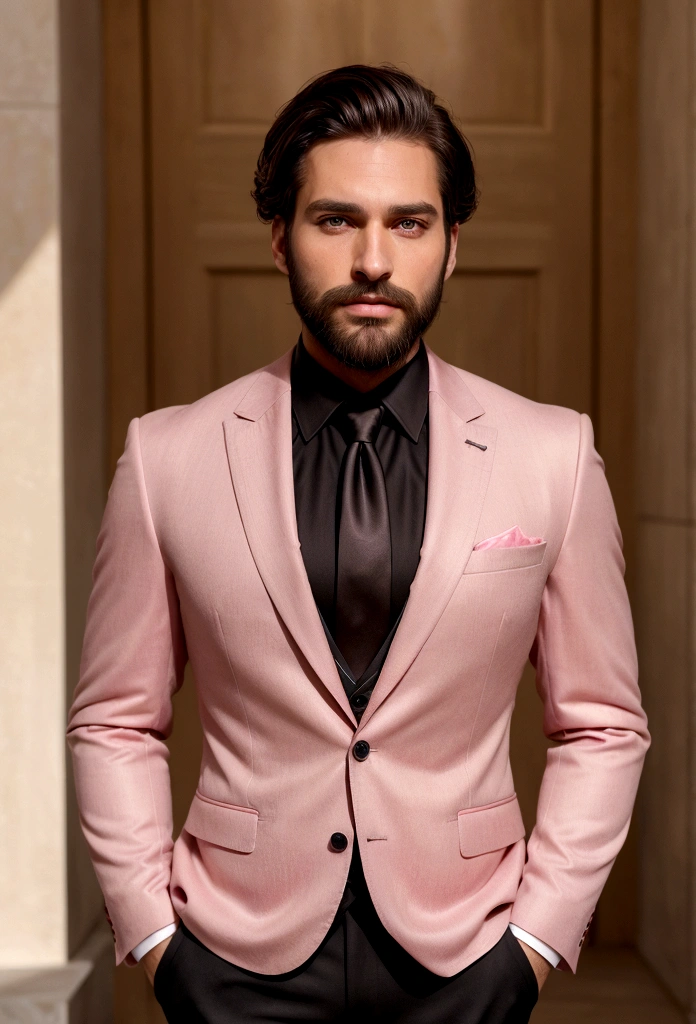 Make a handsome man in his 30s in black suit and tie, CEO, brown hair and beard, (Man in pink suit and tie), ), (Use beard,) Attractive and serious appearance, short dark hair, Elegant and stylish, Close shave to the suit and strong body, (high quality, true-to-life visuals), Dark and light black on the image background, Film style, ((highest qualityr, 8k, Masterpiece), ultra hi definition photo, (Beautiful detailed faces, detail of skin texture, Hyper detailed body:1.1)