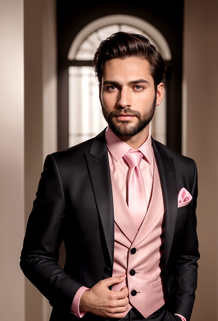 Make a handsome man in his 30s in black suit and tie, CEO, brown hair and beard, (Man in pink suit and tie), ), (Use beard,) Attractive and serious appearance, short dark hair, Elegant and stylish, Close shave to the suit and strong body, (high quality, true-to-life visuals), Dark and light black on the image background, Film style, ((highest qualityr, 8k, Masterpiece), ultra hi definition photo, (Beautiful detailed faces, detail of skin texture, Hyper detailed body:1.1)