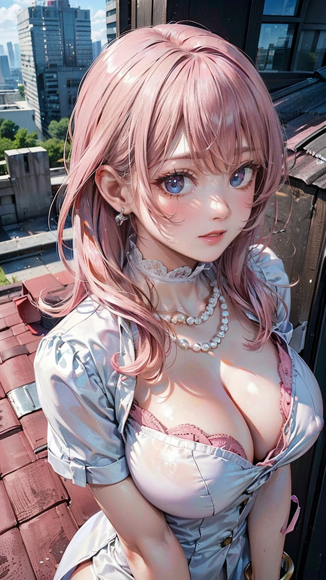 (Masterpiece, BestQuality:1.3), (ultra detailed:1.2), (hyperrealistic:1.3), (RAW photo:1.2), High detail RAW color photo, professional photograph, (Photorealistic:1.4), (realistic:1.4), (Pink Hair:1.5), professional lighting, perfect anatomy, (Big Breasts:1.2), (blush, detailed face), (cheerful Smile:1.5), Trending Hair&Trending Hairカラーをランダムに, earrings, necklace, bracelet, sexly, erotic sexly, Random sexy gravure poses, (Beautiful woman in a white suit、Pearl Necklace、Background is the rooftop of a high-rise building、Stand cool and sexy。: 1.3)
