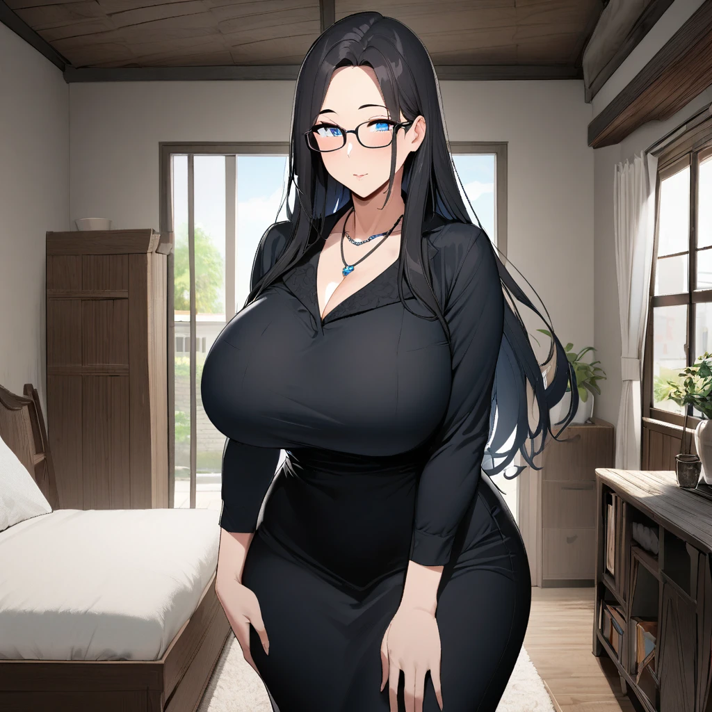 1girl,solo,Mature Woman,Black Hair,long hair,light blue eyes color,Glasses,mother,gentle,kind face,Super huge breasts,Big thighs,Black Dress,necklace,Are standing,Looking at this,Inclusive,house,in room