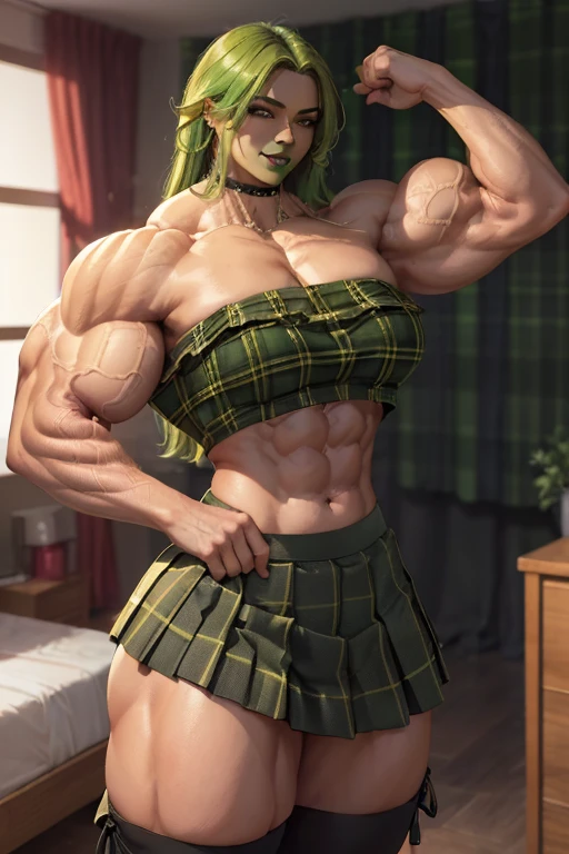 ((((Massive tall, beautiful, buff, light brown skinned muscular woman with green hair, black lipstick, ginormous bulky muscles, flexing and wearing a green plaid off-shoulder cropped top and beautiful long pleated skirt)))), (close view), (massive muscles), long straight hair, ((chained belt)), gray eyes, choker, ((green plaid off-shoulder cropped top)), belt, ((beautiful long pleated skirt)), thigh high socks, black boots, (at a college dorm room), closed smile, night, massive muscles