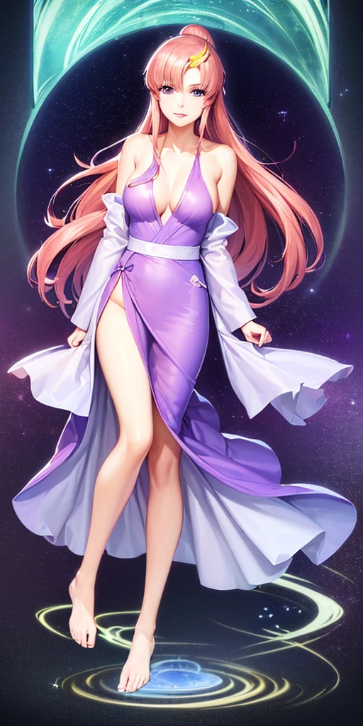 ((64k,Ultra-high resolution,Super best quality,masterpiece,Hyperrealistic,Young and adorable, beautiful, young, adorable,Full body photo,Full body angle,Whole Body Ezbian,Surreal,Very detailed:1.3)),hair ornaments,Pink Hair,Blue Eyes,GundamSEEDフリーダムのヒロイン,Lacus Clyne,((Swimsuit,Yukata,Yukata,In a dress)),smile,Water Lake,There are lots of beautiful flowers blooming,Detailed eyes,Detailed skin,Detailed face,Shiny skin,Detailed Hair,White skin,Perfect lighting,Glossy Lips,京都animeーション, animeカラーリング ,Klein Lake,Straight hair,blue eyes , (((hair ornaments, White sleeves,豪華なWhite Dress, 豪華なPurple Skirt, 贅沢なLong skirt))),Very long hair, Bare shoulders, Star background,(style\),anime, Lacus 1, One girl, alone, White Dress, Purple Skirt, Long skirt, Very long hair, Bare shoulders, Large Breasts, smile, Gundam, On the floor,retro artstyle,