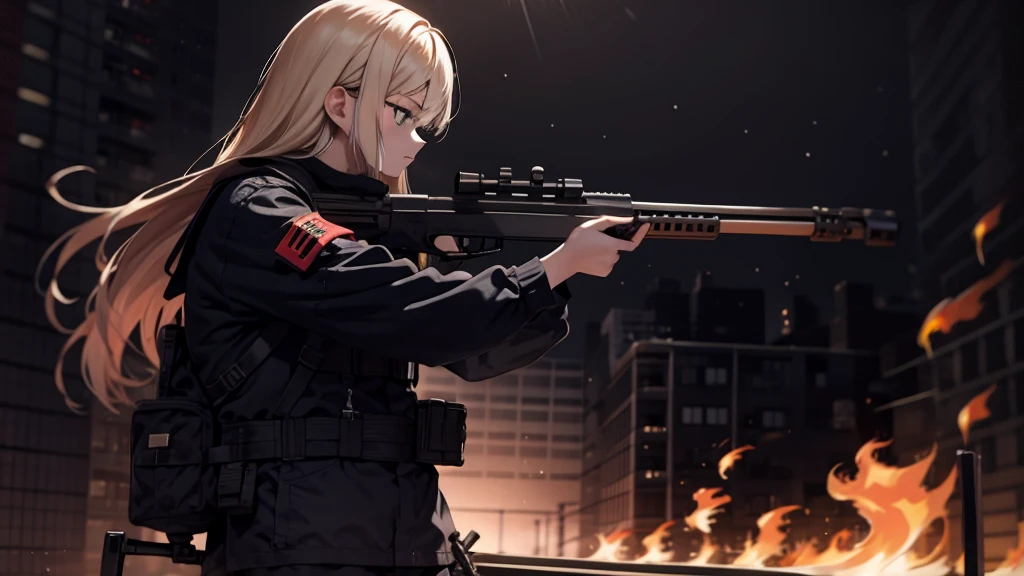 1 Girl, alone, {{masterpiece, Highest quality, Highly detailed CG, unity 8k wallpaper, cinematic ligHting, Lens flare}}, a girl sHooting a rifle, A broad perspective, whole body, tHick body, long blond Hair, Green Eyes, (Holding weapon, Holding rifle, Targeting, Target, fire, Firing:1.4), gun, H&k hk416, carbine, (Side view:1.4)