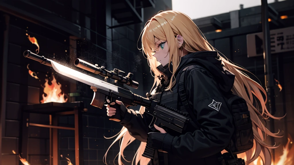 1 Girl, alone, {{masterpiece, Highest quality, Highly detailed CG, unity 8k wallpaper, cinematic ligHting, Lens flare}}, a girl sHooting a rifle, A broad perspective, whole body, tHick body, long blond Hair, Green Eyes, (Holding weapon, Holding rifle, Targeting, Target, fire, Firing:1.4), gun, H&k hk416, carbine, (Side view:1.4)