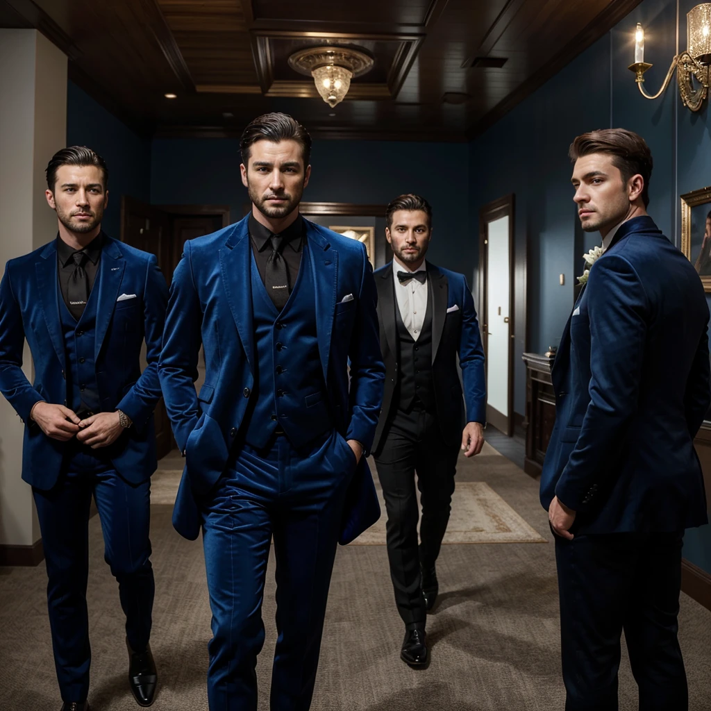 Three 30 -year-old men , with a masculine appearance, wearing a royal blue velvet coat and black pant of suit. The scene depicts a masterpiece of art, showcasing the men professional and wealthy lifestyle. The image is of the best quality, with ultra-detailed features. The color tone is rich and vibrant ,masterpiece, ultra realistic, detailed face, detailed fingers, bright room lighting