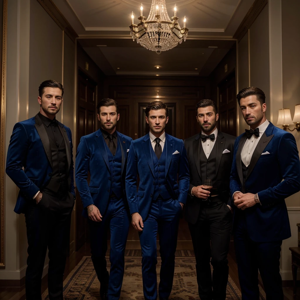 Three 30 -year-old men , with a masculine appearance, wearing a royal blue velvet coat and black pant of suit. The scene depicts a masterpiece of art, showcasing the men professional and wealthy lifestyle. The image is of the best quality, with ultra-detailed features. The color tone is rich and vibrant ,masterpiece, ultra realistic, detailed face, detailed fingers, bright room lighting