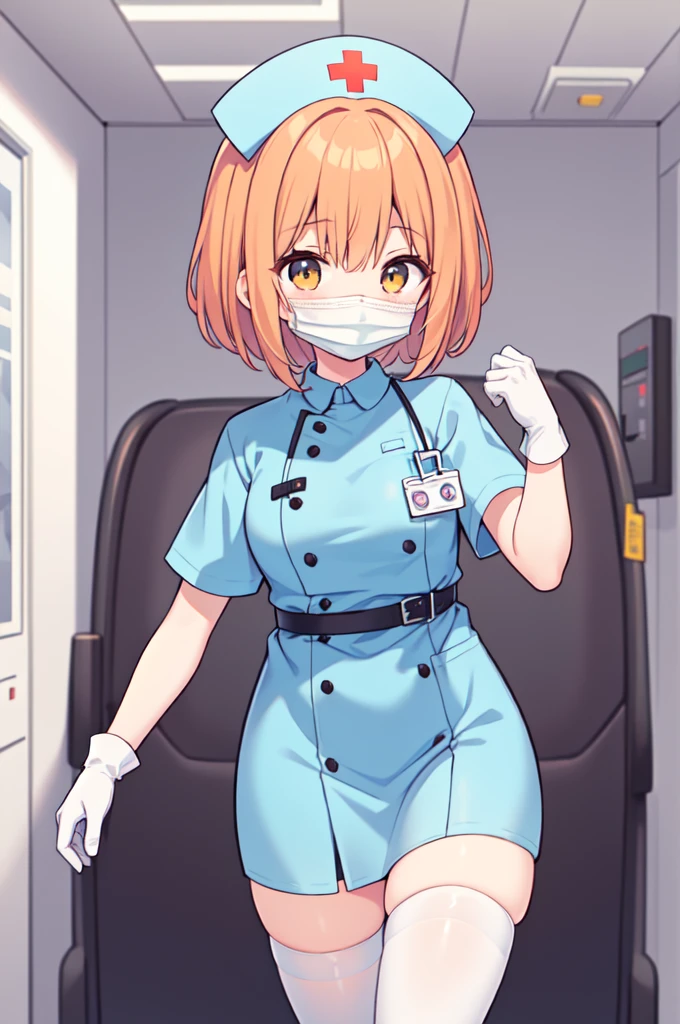 1girl, solo, nurse, nurse cap, white nurse uniform, ((white legwear, zettai ryouiki)), white gloves, very short hair, orange hair, ((white surgical mask, covered nose)), standing, ((hospital room)), sharp outline, short sleeves, tomboy, boyish, best quality, masterpiece