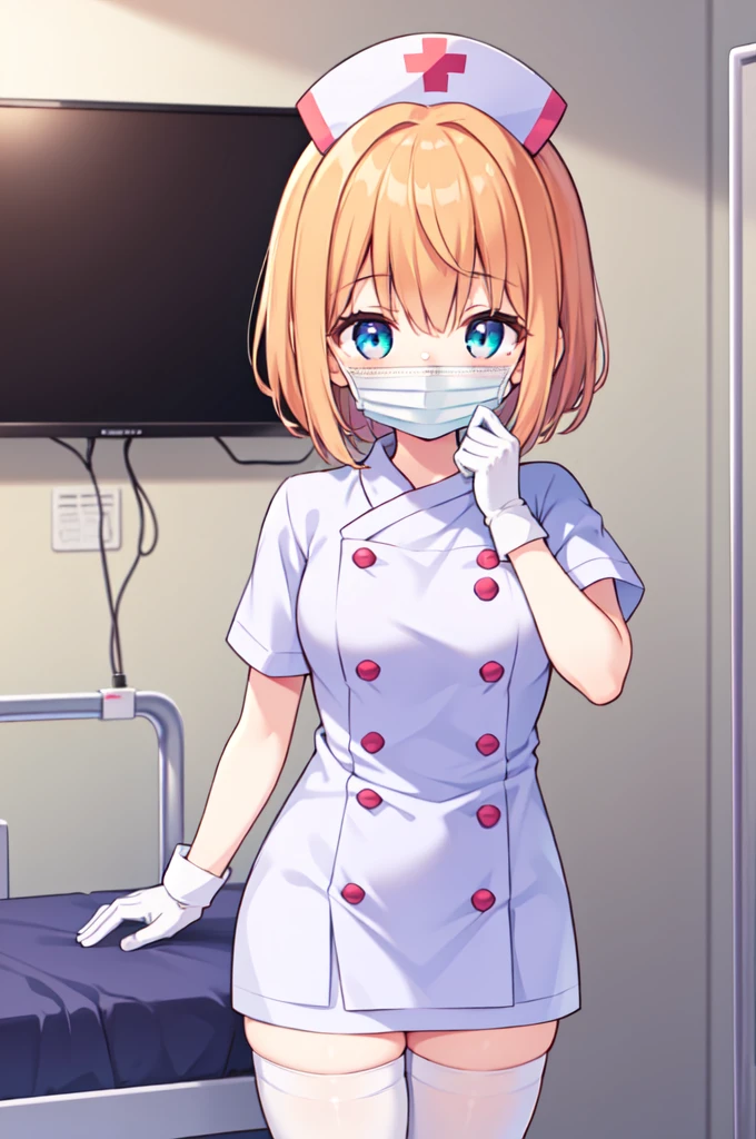 1girl, solo, nurse, nurse cap, white nurse uniform, ((white legwear, zettai ryouiki)), white gloves, very short hair, orange hair, ((white surgical mask, covered nose)), standing, ((hospital room)), sharp outline, short sleeves, tomboy, boyish, best quality, masterpiece