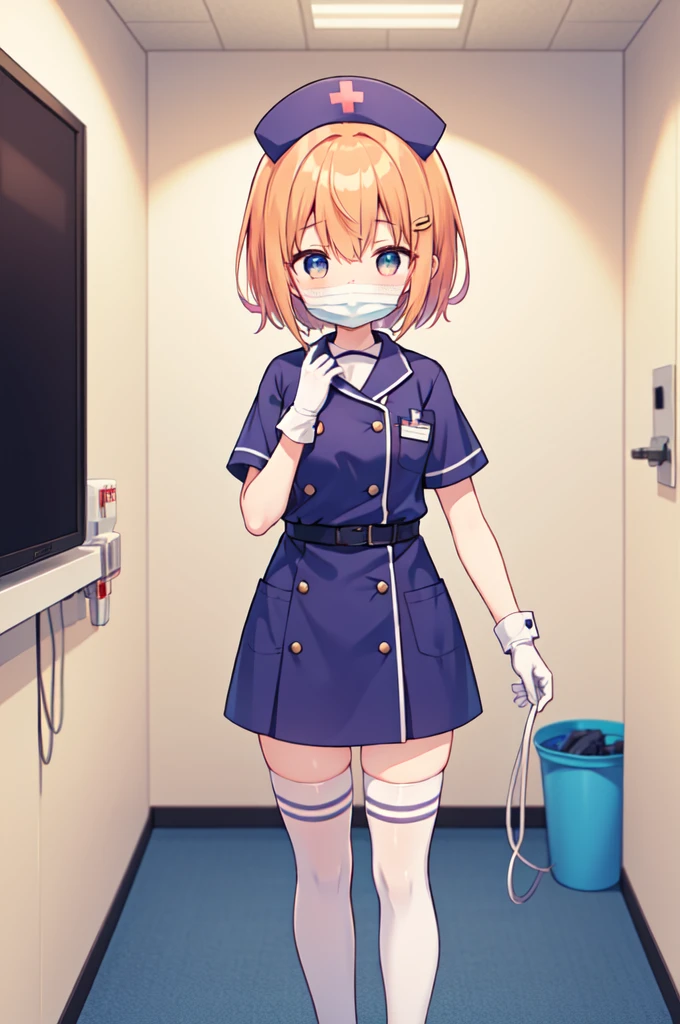 1girl, solo, nurse, nurse cap, white nurse uniform, ((white legwear, zettai ryouiki)), white gloves, very short hair, orange hair, ((white surgical mask, covered nose)), standing, ((hospital room)), sharp outline, short sleeves, tomboy, boyish, best quality, masterpiece