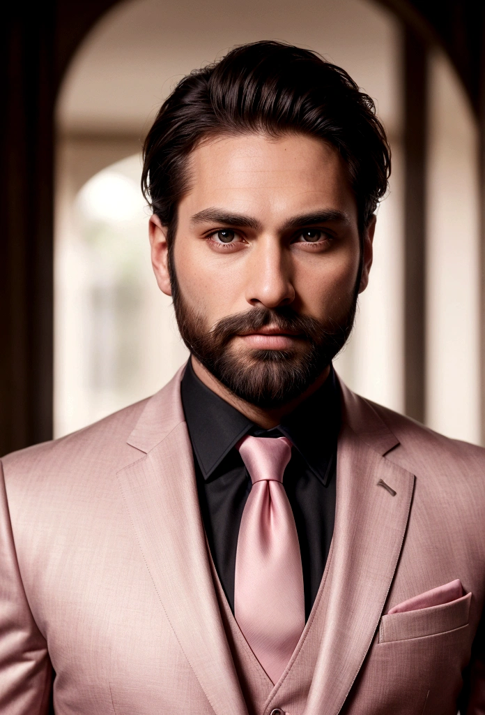 Make a handsome man in his 30s in black suit and tie, CEO, brown hair and beard, (Man in pink suit and tie), ), (Use beard,) Attractive and serious appearance, short dark hair, Elegant and stylish, Close shave to the suit and strong body, (high quality, true-to-life visuals), Dark and light black on the image background, Film style, ((highest qualityr, 8k, Masterpiece), ultra hi definition photo, (Beautiful detailed faces, detail of skin texture, Hyper detailed body:1.1)