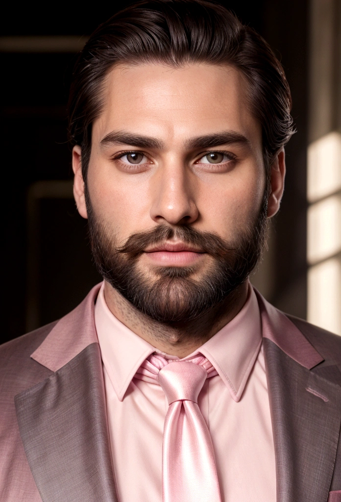 Make a handsome man in his 30s in black suit and tie, CEO, brown hair and beard, (Man in pink suit and tie), ), (Use beard,) Attractive and serious appearance, short dark hair, Elegant and stylish, Close shave to the suit and strong body, (high quality, true-to-life visuals), Dark and light black on the image background, Film style, ((highest qualityr, 8k, Masterpiece), ultra hi definition photo, (Beautiful detailed faces, detail of skin texture, Hyper detailed body:1.1)