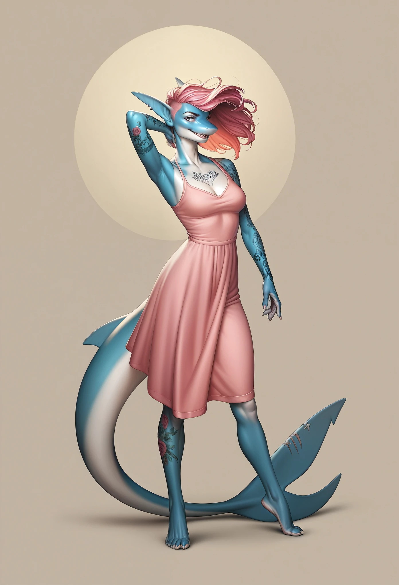 FIX blue jeans, a highly detailed illustration of an anthropomorphized female shark wearing a red t-shirt, fluffy long jacket, gangster, covered in tattoos, in a dynamic and expressive pose, 8k resolution, photorealistic, masterpiece, hyper-detailed, studio lighting, cinematic composition, ample headroom, perfect illustration