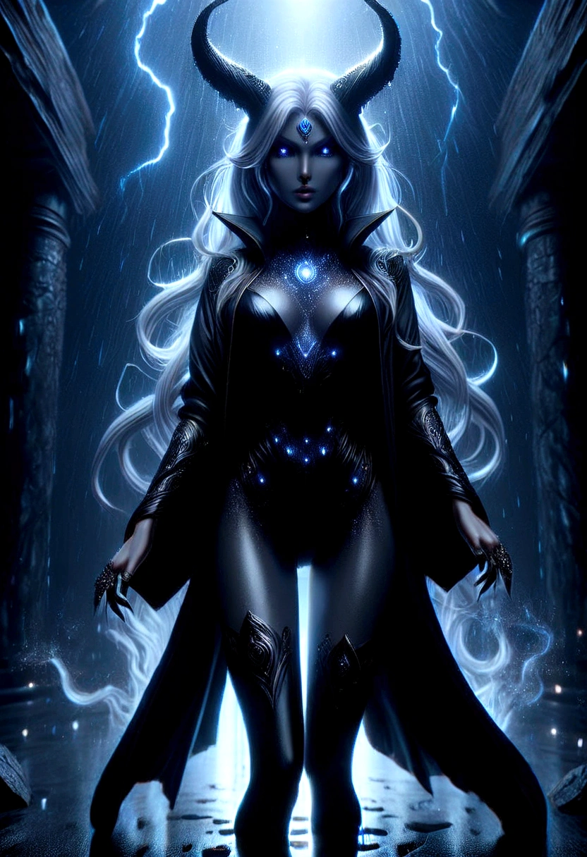 Super sexy powerful sorceress creating an earthquake with magic, beautiful image, highly detailed, dark robes, stockings, boots, dynamic pose, maximalist, Character focus ,sci-fi, looks into camera, (highly detailed face 1.6), (detailed legs 1.2), (detailed feet 1.2), full body image, science fiction, beautiful image, highly detailed, maximalist, dark anime, rain, neon, darkness, highly detailed, maximalist, cinematic