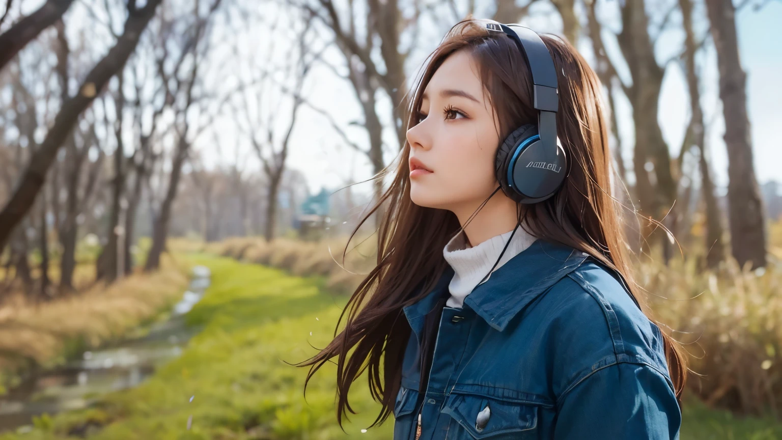 arafed woman With headphones looking at a path in a forest, Background artwork, girl Wearing headphones, Realistic cute girl drawing, Realistic art style, With headphones, High-quality portraits, Beautiful digital illustrations, Beautiful digital art, Digital anime illustration, Wearing headphones, Portrait of Rofi, listen to music, Fan art, Anime Style 4k, Realistic art style