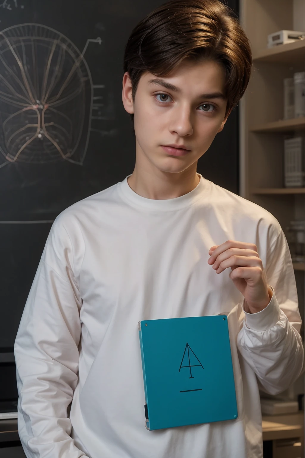 A beautiful young male twink with a face with reddish makeup. He has black hair. He is wearing a white, long-sleeved shirt and aqua blue pants. He is in his scientific office, and behind him is a blackboard on which is written the shape of the brain and its anatomy, accurately and in detail. He looks in amazement and shock He looks on proudly