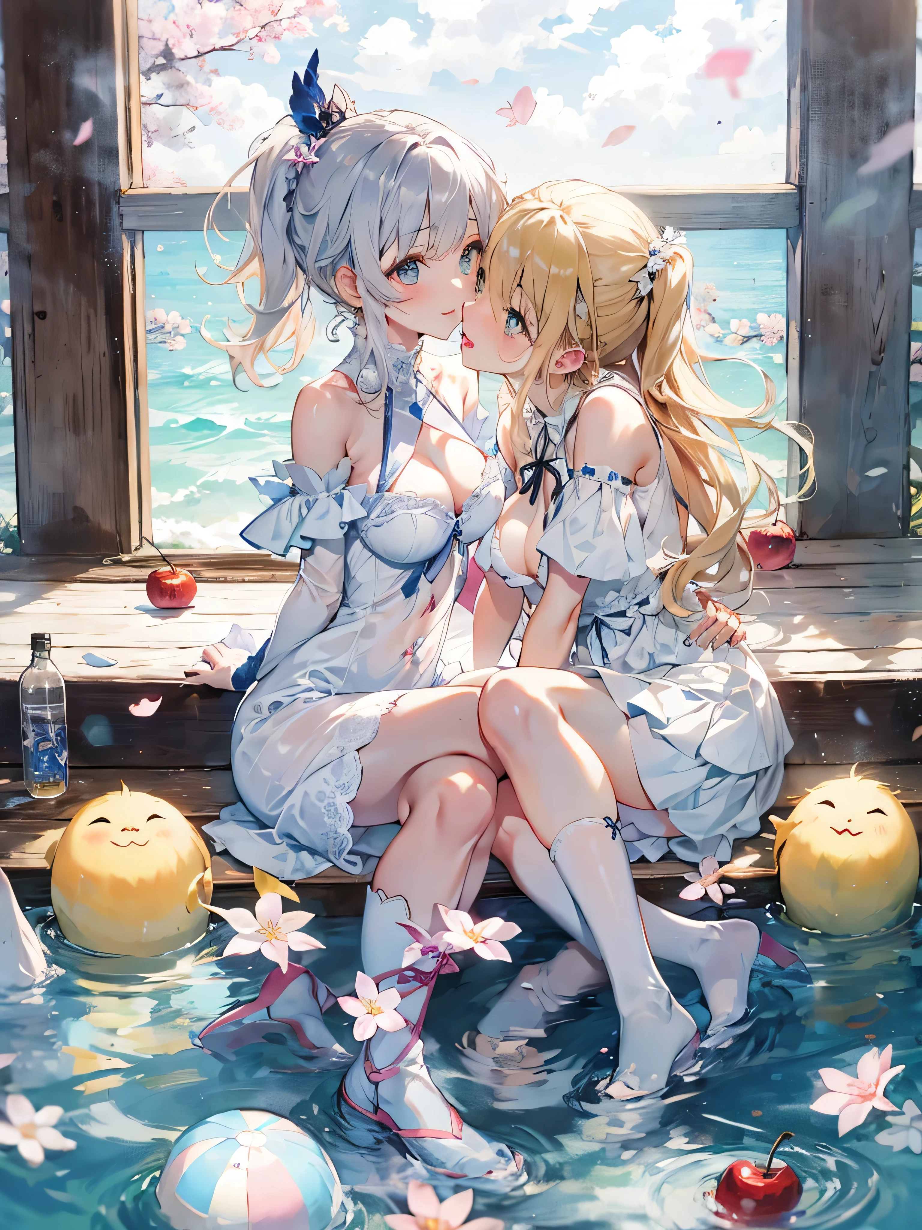 Masterpiece ,Top image quality,hight resolution,imagem 4k,Raw photo,Photorealsitic,extremely beautiful 2 hi-school girl kissing each other, friends, naughty face, blushing , extremely beautiful lesbian deep kiss, stare each other closely, white high Sox, white garter belt, exposures breasts and nipples, perfect small breasts, topless, See-through panties, red cheek, deep blue eyes color , top less ,beautiful butt, naked, cherry blossom blooming, 最high quality,table top,Bright yellow eyes like jewels,yellow hair、ponytail,, magical , PRİNCESS, adventurous girl, OK, smile、nymphomaniac, high heel boots, gloves, zettai ryouiki, earrings, natural otaku, moonlight,under the moon,At night,full body shot、masterpiece, high quality, High resolution, (masterpiece:1.6、最high quality), (OK and beautiful eyes:1.2), tropical beach、((white dress))、perfect hands、crossed legs,look up(masterpiece:1.6、最high quality), (OK and beautiful eyes:1.2), perfect hands,((Peeking out from directly below))、(((shoot from below)))、turn your arms behind your back、be quiet, From above,lie,Ocean View、The world's most spectacular ocean view,;do not interrupt prompt。Half in the Ocean、Floating in the Ocean,m shinobu heart under blade