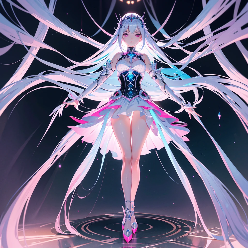 mirrornun, more prism, vibrant color,
silver
hair, shiny clothes, Detailed pink eyes, pink dress,
blue corset, futuristic weapon, shiny blue sword,
white jellyfish hair ornament, two different sized
socks, high heels, full body, Futuristic, very Detailed, (Face Detail Optimization: 1.5) (Masterpiece), (Advanced: 1.5), Top CG, Highest Quality, Right Proportions, Perfect Composition, High Quality Detail, Perfect Detail, (Super Detailed CG: 1.2), (8K: 1.2), Realistic, Octane Rendering,