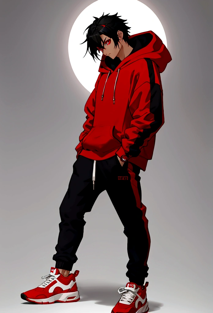 male character full body with open hand with an energy sphere red eyes black hair hoodie sweatshirt gray pants red sneakers perspective drawing