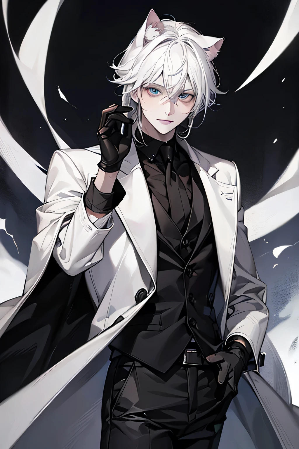 masterpiece, best quality, solitary, male, mafia, Black shirt, White pants, Black gloves, White coat, Medium Length Hair, White hair, Light blue eyes ,Cat ear