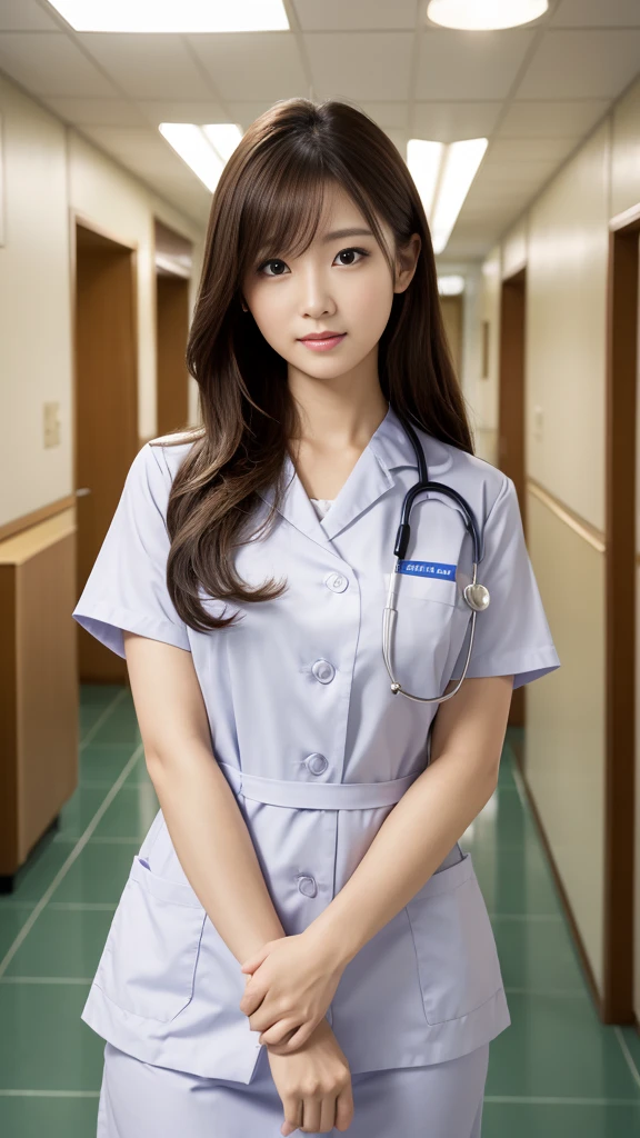 ((masterpiece,Highest quality)), (Like the picture:1.4),((Tabletop,8K)),High resolution,Studio Soft Light, Rim Light, Vivid details, Realistic skin texture,Japanese, One beautiful woman, Long Hair, Wavy Hair, Faint, thin bangs, compensate, 38 years old, Detailed skin, Nurse uniform, Are standing, Upper body photo, View your viewers、Inside the hospital、Hospital corridor