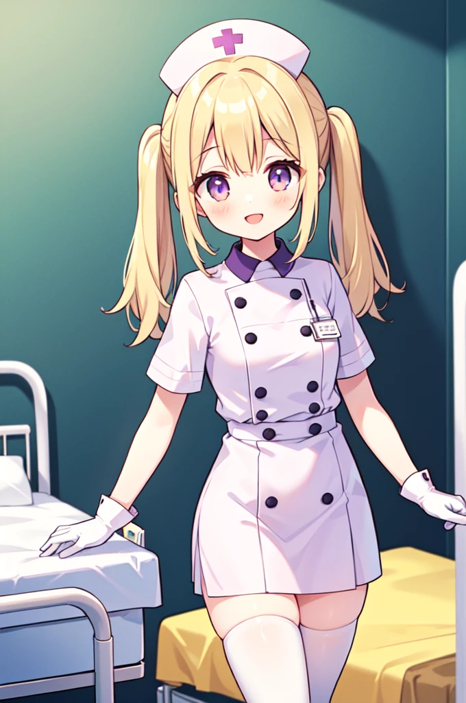 1girl, solo, nurse, nurse cap, white nurse uniform, ((white legwear, zettai ryouiki)), white gloves, twintails, yellow hair, purple eyes, smile, standing, ((hospital room)), sharp outline, short sleeves, best quality, masterpiece