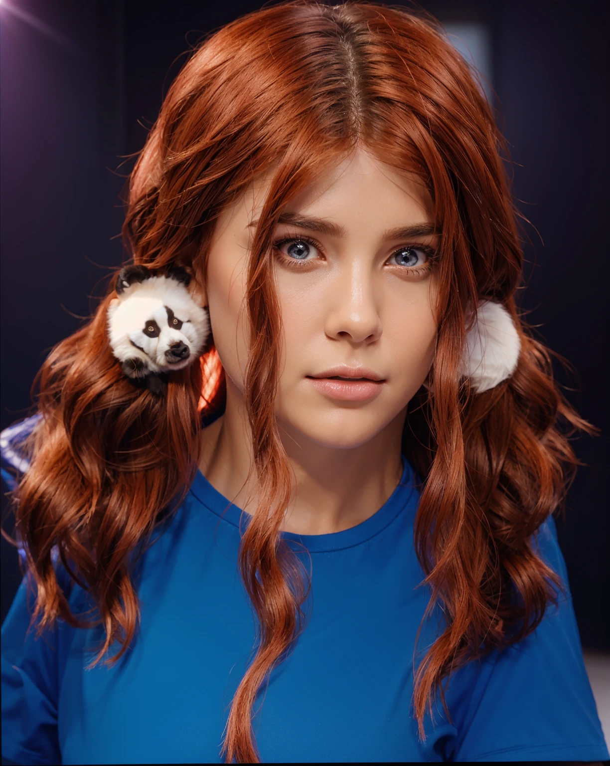 The image is a close-up of a young girl with a surprised or shocked expression. She has red hair with pink bangs, bangs, and side-swept bangs. Her hair is styled with two white and black panda ears. She is wearing a blue t-shirt with a graphic on the front, smooth 3d model, glossy plastic texture, multiple light sources, rim light, sharp post effects render, most beautiful vfx, , realistic, 4k, high resolution, rim light, smooth 3d model. , glossy texture, smooth 3d model, multiple light sources, rim light, sharp post effects render, (glossy plastic texture with multiple big light probe refractions), perfect cgi, reflective, best quality, 4k, masterpiece:1.2, ultra-detailed, realistic, vivid colors, The image of the highest quality, ensuring every detail showcased perfectly. It in 4k resolution, allowing viewers to immerse themselves in the richness of the colors and intricate details. The realistic rendering. under the spotlight, reflecting, high-resolution image, realistic rendering