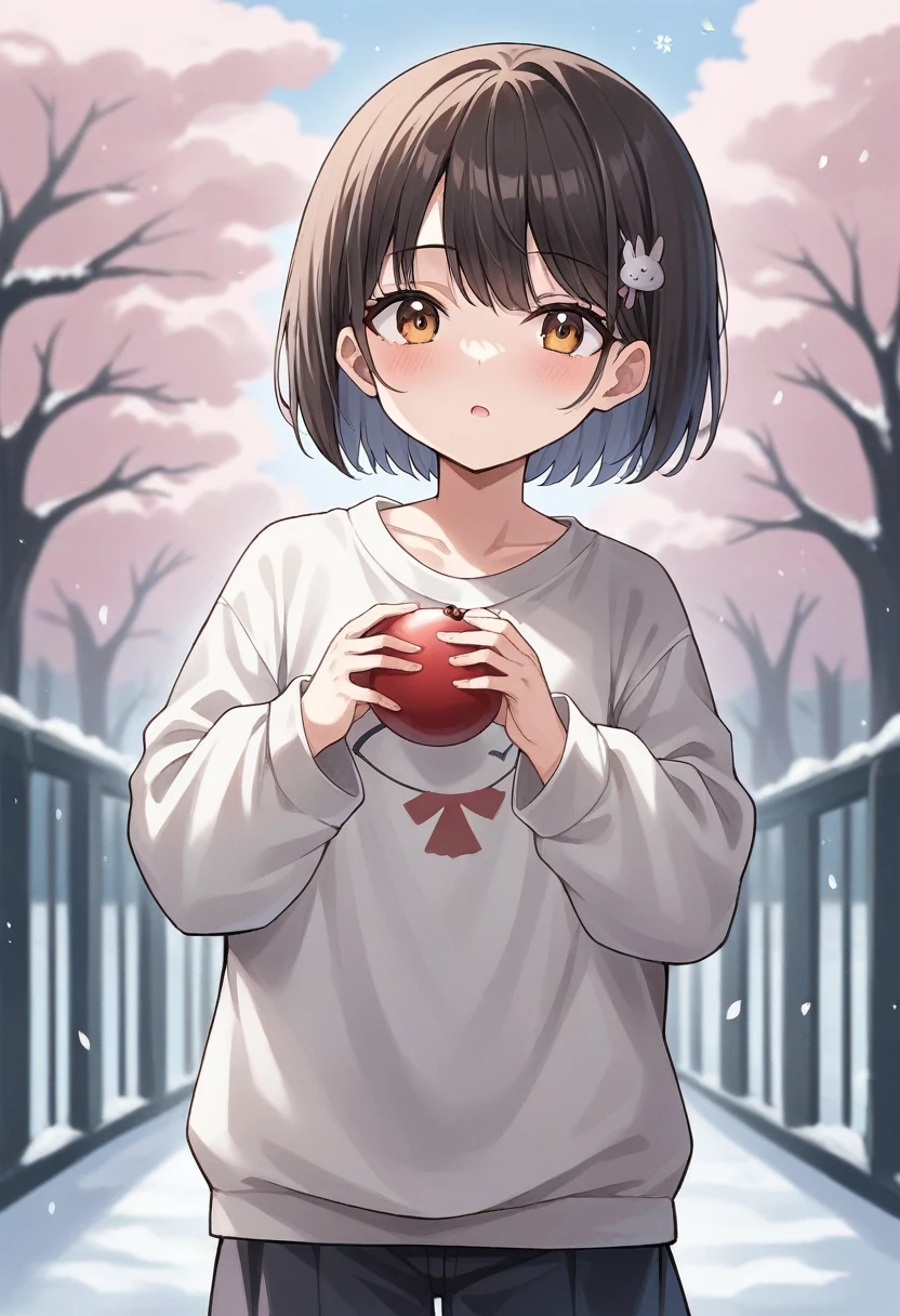 standing under the cherry tree, japanese girl, 15 years old, little, cute, (white oversized knitted sweater:1.3), snowing, pupils sparkling, brown short hair, depth of field, f/1.8, anatomically correct, textured skin, super detail, high details, high quality, super detail, high details, high quality, best quality, highres