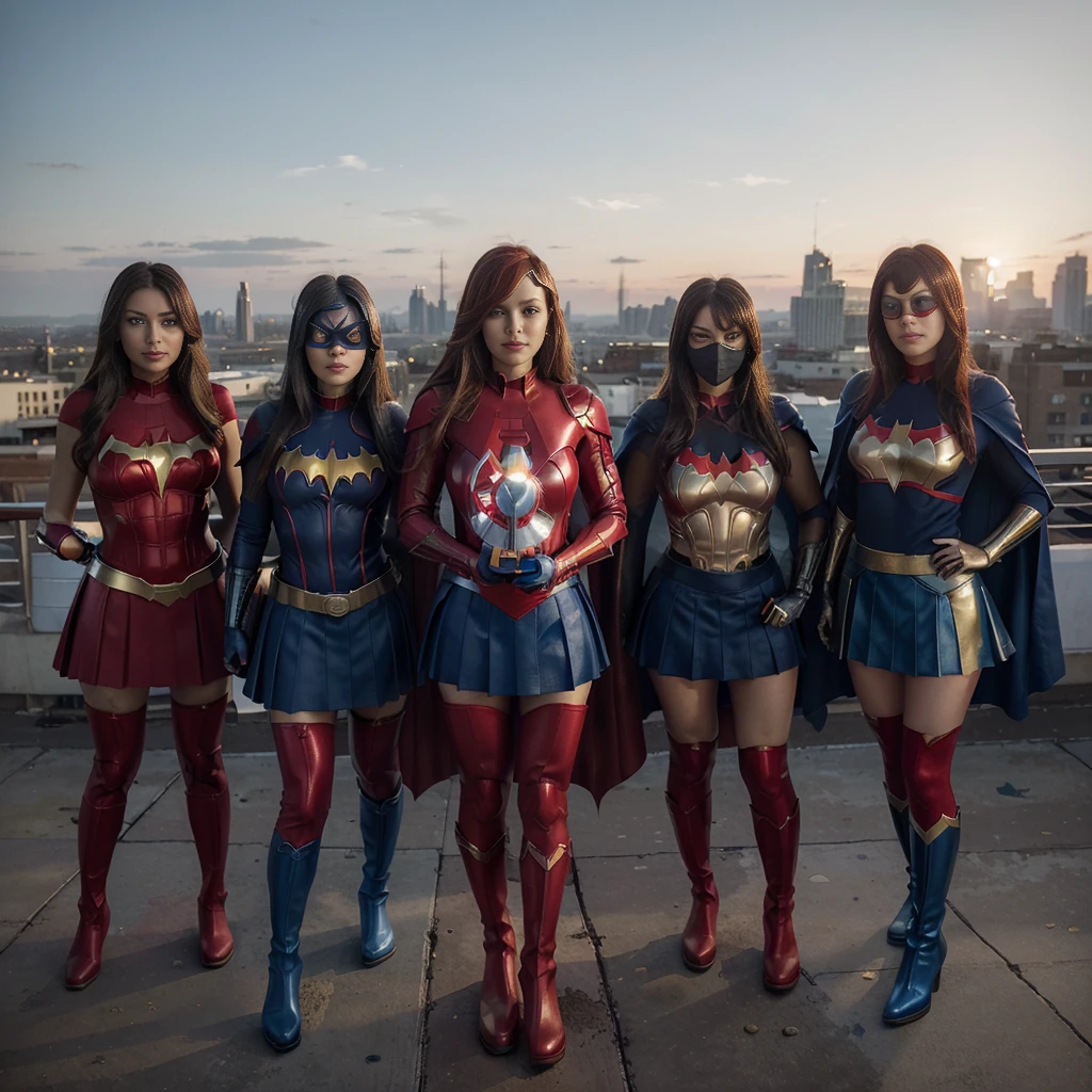 Generate a high-resolution group image featuring five female versions of iconic superheroes standing together. (Superwoman wears a vibrant blue bodysuit with a red 'S' emblem, a red skirt, flowing cape, and red boots.) ((Batgirl is clad in a dark blue bodysuit with a gold bat emblem, a blue skirt, flowing cape, and gold-trimmed boots.)) ((Spider-Woman sports a red and blue bodysuit with a white spider emblem, a red and blue skirt, and a mask covering her eyes.)) ((Iron Woman dons a red and gold armor suit with a glowing arc reactor, a red and gold skirt, and stylish boots.)) ((Captain America (female version) dresses in a blue bodysuit with white and red accents, a blue skirt, a white star emblem, and red boots, holding a shield.)) They stand united on a rooftop against a sunset city skyline, embodying strength, unity, and readiness to protect, each showcasing their unique costumes and femininity.