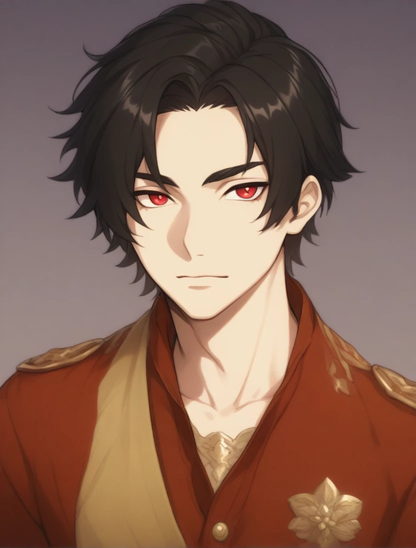 (Black_Hair), (red_ruby_eyes), (Handsome), (attractive), (male), (detailed_eyes), (detailed_hair), (clean_hair), (vertical_pupils), (jawline), (wears_old_fashioned_outfit), (in_his_late_s), (short_hair)