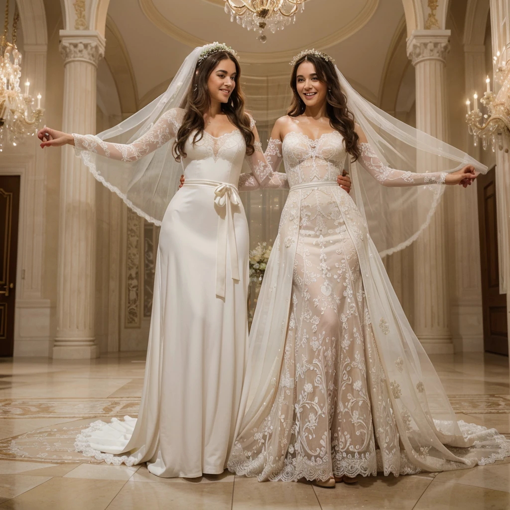 (ultra detailed, Best quality, A high resolution), whole body, dynamic angle,Smooth and dynamic,Cinematic,woman and man stand in the middle of a beautiful wedding venue, (masterpiece:1.4), elaborate wedding dress, woman in long white dress with lace details and veil, man in tuxedo, custom made, their faces express joy and love, background decorated with bright flowers and romantic decorations, (A high resolution:1.4), The woman's shiny skin and the man's formal attire create a striking contrast.., atmosphere, filled with happiness and the promise of a lifetime of dedication. (BREAK) intimate moment, couple exchanges loving glances, Hands and arms carefully