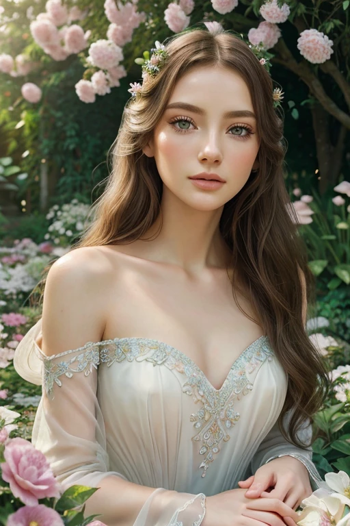 a beautiful detailed girl, extremely detailed face and eyes, long eyelashes, delicate facial features, ethereal, graceful, porcelain skin, flowing hair, elegant dress, serene expression, in a lush garden, surrounded by flowers, warm lighting, cinematic composition, vibrant colors, intricate details, photorealistic, highly detailed, 8k, masterpiece