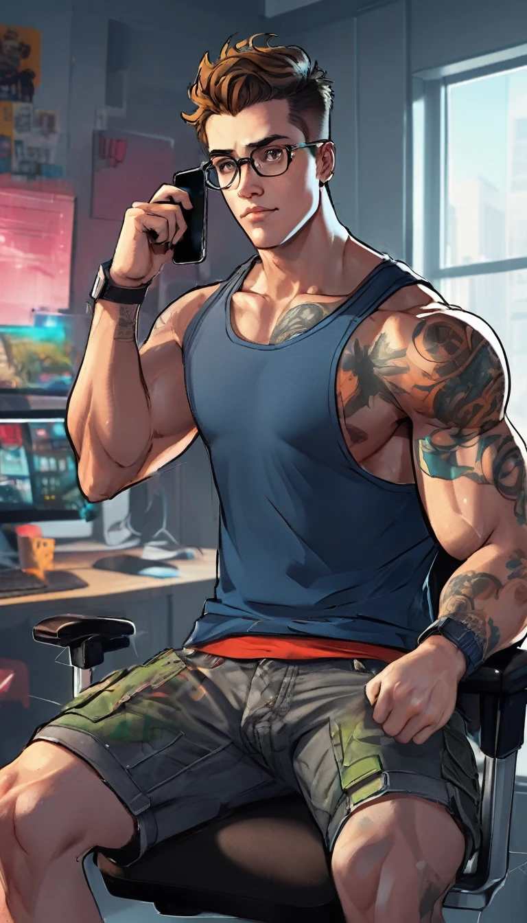 It generates a very handsome young boy, with almost perfect features, with round glasses, a muscular body, tattooed in some parts of his body, very sweaty all over his body, he has hair on his body, he is sitting in a gaming chair, opening his legs a little, he has a black mobile phone in his hand with 3 cameras, he has no shirt, he only has white underwear on, very transparent, so transparent that you can clearly see what is under his boxer shorts, in the background a room.