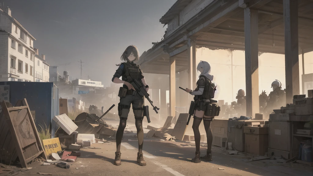 (最high quality, high quality:1.3), One girl, woman_alone, (hair over upone eye), short_hair, bluponde-hair, ((Tactical Headset)), ((Grey Eyes)), ((Tactical Vest)), Holding_weapupon, Holding, Holding_gun, Holding_rifle, rifle, assault_rifle, 目refer toす, refer to_upon_trigger, gun, Disruptor_&_Koch, mp5, street, Destroyed building, Damaged building, (night), (nighttime)