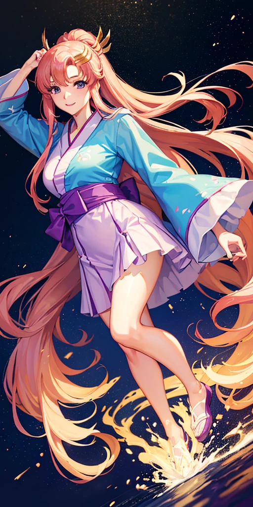 ((64k,Ultra-high resolution,Super best quality,masterpiece,Hyperrealistic,Young and adorable, beautiful, young, adorable,Full body photo,Full body angle,Whole Body Ezbian,Surreal,Very detailed:1.3)),hair ornaments,Pink Hair,Blue Eyes,GundamSEEDフリーダムのヒロイン,Lacus Clyne,((Swimsuit,Yukata,Yukata,In a dress)),smile,Water Lake,There are lots of beautiful flowers blooming,Detailed eyes,Detailed skin,Detailed face,Shiny skin,Detailed Hair,White skin,Perfect lighting,Glossy Lips,京都animeーション, ,Klein Lake,Straight hair,blue eyes , (((hair ornaments, White sleeves,豪華なWhite Dress, 豪華なPurple Skirt, 贅沢なLong skirt))),Very long hair, Bare shoulders, Star background,(style\),anime, Lacus 1, One girl, alone, White Dress, Purple Skirt, Long skirt, Very long hair, Bare shoulders, Large Breasts, smile, Gundam,