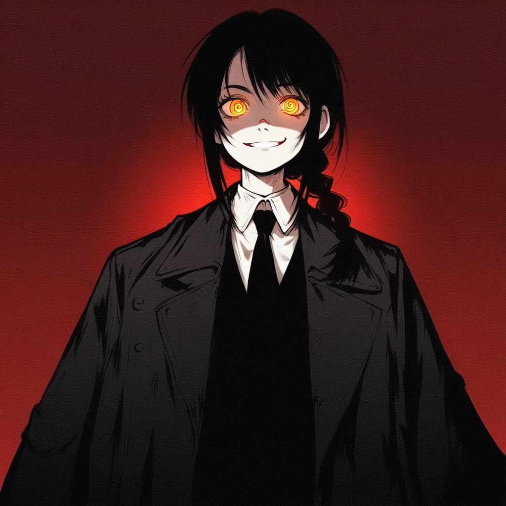 (score_9, score_8_up), score_7_up, score_6_up, score_5_up, score_4_up, Nayuta, 1girl, ringed eyes, black hair, yellow eyes, best quality, young, black coat, open coat, trench coat, white collar shirt, black necktie, black pants, black belt, red background, creepy, grain, blood on face, smile, medium hair, single braid, glowing eyes, dark theme, low light,