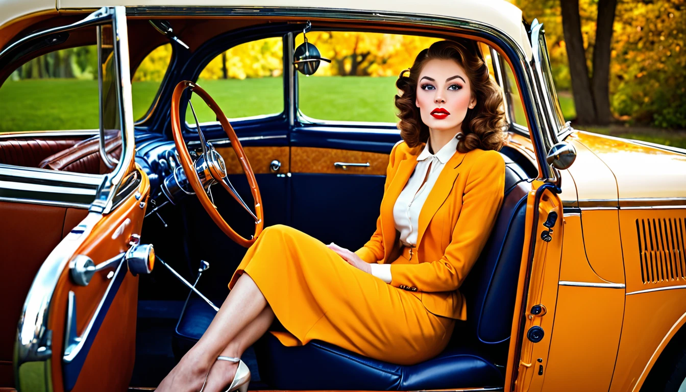 a woman sitting in the back seat of a car, car photography, inspired by Aaron Beard, inspired by Otto Eckmann, inspired by the Hildebrandt brothers, Classic cars, inspired by James Gurney, Classic car, inspired by the Hildebrandt brothers, Post-processing, by John La Gatta, Jason Felix, car photography, photo shoot