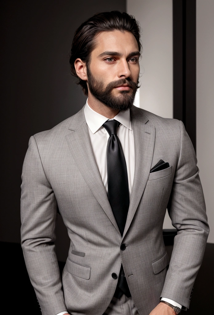 Make a handsome man in his 30s in black suit and tie, CEO, brown hair and beard, (Man in grey suit and tie), ), (Use beard,) Attractive and serious appearance, short dark hair, Elegant and stylish, Close shave to the suit and strong body, (high quality, true-to-life visuals), Dark and light black on the image background, Film style, ((highest qualityr, 8k, Masterpiece), ultra hi definition photo, (Beautiful detailed faces, detail of skin texture, Hyper detailed body:1.1)