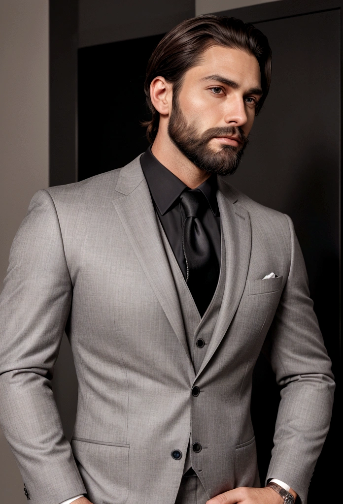Make a handsome man in his 30s in black suit and tie, CEO, brown hair and beard, (Man in grey suit and tie), ), (Use beard,) Attractive and serious appearance, short dark hair, Elegant and stylish, Close shave to the suit and strong body, (high quality, true-to-life visuals), Dark and light black on the image background, Film style, ((highest qualityr, 8k, Masterpiece), ultra hi definition photo, (Beautiful detailed faces, detail of skin texture, Hyper detailed body:1.1)