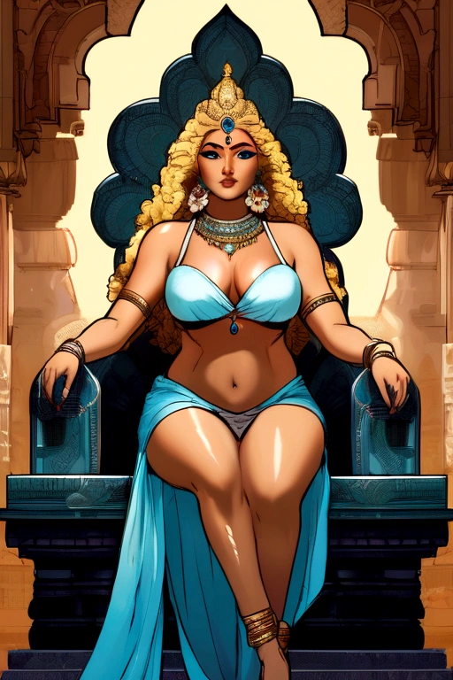 Indian goddess, serious and sexy face, has a face of supernatural beauty and short stature, curly blonde hair, decorated with flowers, as well as blue eyes. (Ideal Anatomy) , (Perfect eyes) Her figure is extremely curvy, Giant breasts, heavy chest, fitness hips, textile, covering the chest, cracked abdominal muscle, white thick silk dress, large abdominal muscle, she sits on her huge Indian marble throne, piece of art.